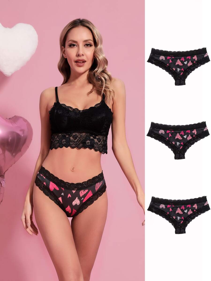 3pcs Heart Print Contrast Lace Thong - Multicolor - View 1