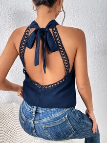 SHEIN Frenchy Guipure Lace Insert Tie Back Halter Top - Navy Blue - View 1