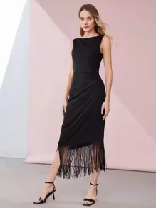 MOTF PREMIUM FRINGE VISCOSE-BLEND DRESS - Black - View 2