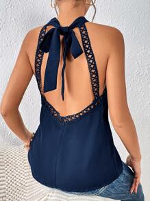 SHEIN Frenchy Guipure Lace Insert Tie Back Halter Top - Navy Blue - View 3
