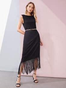 MOTF PREMIUM FRINGE VISCOSE-BLEND DRESS - Black - View 7