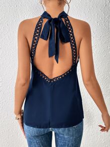 SHEIN Frenchy Guipure Lace Insert Tie Back Halter Top - Navy Blue - View 5