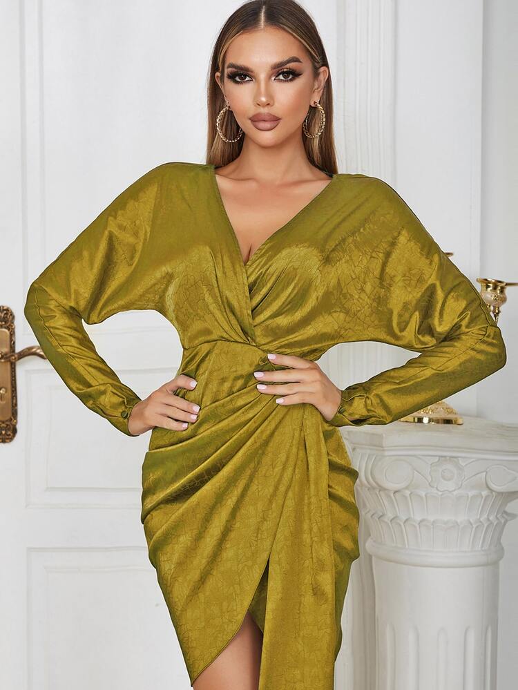 Surplice Neck Draped Detail Satin Dress - Mustard Yellow - View 6