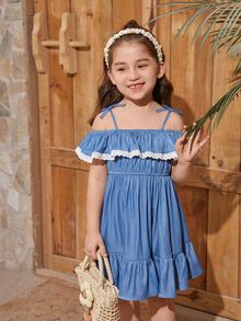 SHEIN Niñas 1 pieza Vestido de hombros descubiertos ribete con fruncido bajo con fruncido - Azul - Ver 4