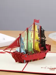 1入組帆船設計3D賀卡 - 紅色 - 查看 1