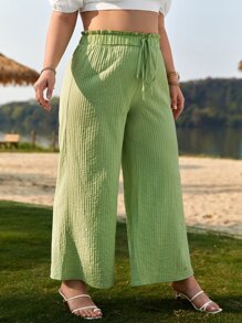 SHEIN Frenchy 大碼紙袋腰前打結闊腿褲 - 綠色 - 查看 3