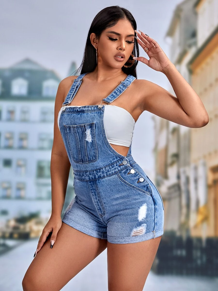 SHEIN SXY 破洞卷邊牛仔連體短褲不附抹胸 - 中等水洗藍 - 查看 1