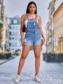 SHEIN SXY 破洞卷邊牛仔連體短褲不附抹胸 - 中等水洗藍 - 查看 3