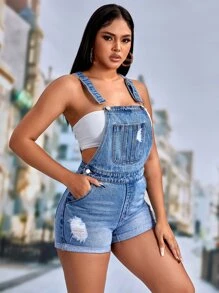 SHEIN SXY 破洞卷邊牛仔連體短褲不附抹胸 - 中等水洗藍 - 查看 4