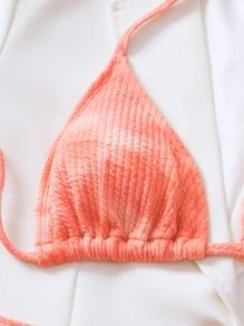 Swim Vcay Summer Beach Tie Dye Ribbed Bikini Set, Halter Triangle Bra & Bikini Bottom 2 Pieces Bikini, Bathing Suit - Pink - View 5