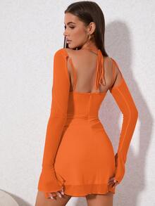 PARTHEA Halter Cut Out Split Thigh Mesh Bodycon Dress - Orange - View 2