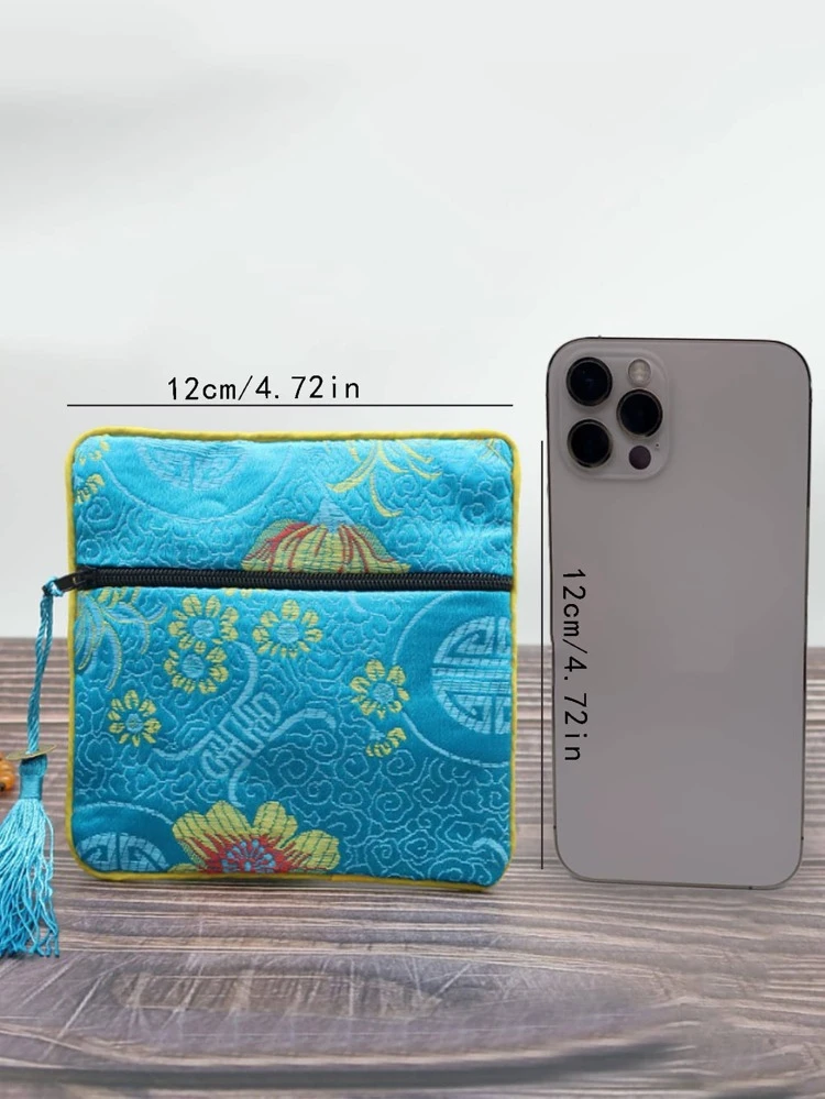 1pc Random Pattern Tassel Pendant Jewelry Storage Bag, Embroidered Design Polyester Gift Storage Pouch For Party Holiday