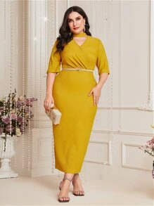 Modelyn 大碼鎖脖領口後背開衩連衣裙不附腰帶 - 芥末黃 - 查看 2