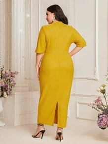 Modelyn 大碼鎖脖領口後背開衩連衣裙不附腰帶 - 芥末黃 - 查看 3