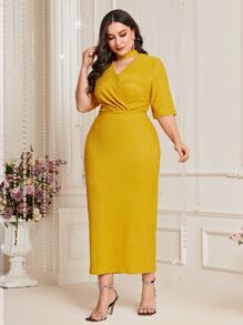 Modelyn 大碼鎖脖領口後背開衩連衣裙不附腰帶 - 芥末黃 - 查看 4