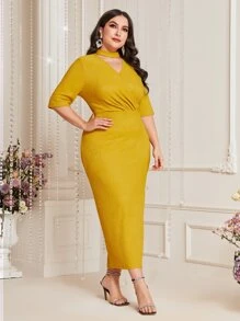 Modelyn 大碼鎖脖領口後背開衩連衣裙不附腰帶 - 芥末黃 - 查看 1