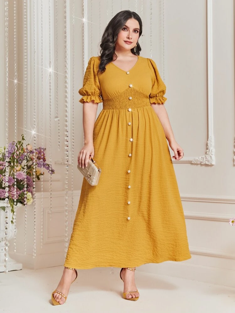 Mulvari Vestido de manga farol con botón delantero - Mostaza Amarilla - Añade 2