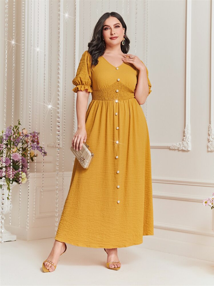 Mulvari Vestido de manga farol con botón delantero - Mostaza Amarilla - Añade 1