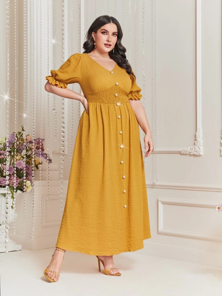 Mulvari Vestido de manga farol con botón delantero - Mostaza Amarilla - Añade 4