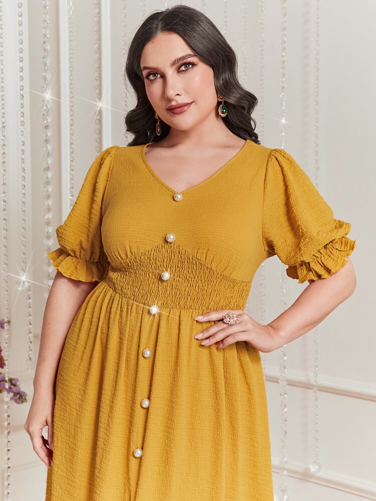 Mulvari Vestido de manga farol con botón delantero - Mostaza Amarilla - Añade 5
