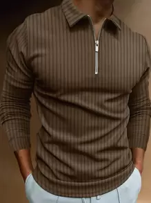 Manfinity Homme Áo thun có cổ Nam Dây kéo màu trơn Giải trí - Cà phê nâu - Xem 1