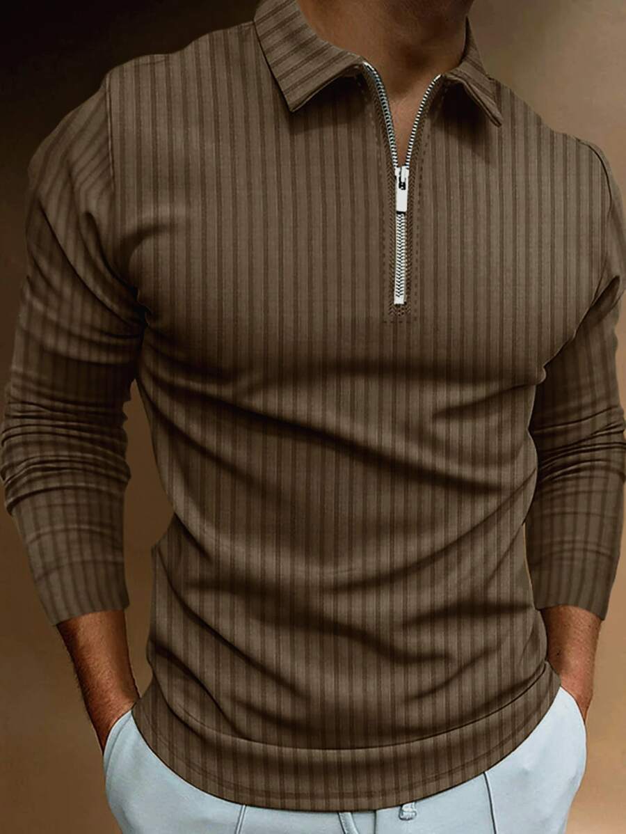 Manfinity Homme Áo thun có cổ Nam Dây kéo màu trơn Giải trí - Cà phê nâu - Xem 1