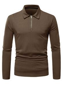 Manfinity Homme Áo thun có cổ Nam Dây kéo màu trơn Giải trí - Cà phê nâu - Xem 5