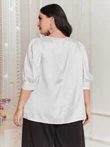 Modelyn Áo sơ mi Plus Size Nút Chuỗi Ngọc trai màu trơn Thanh lịch - trắng - Xem 2