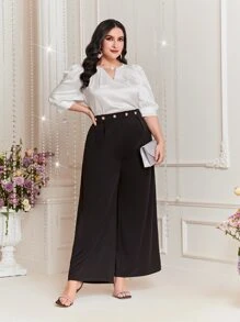 Modelyn Áo sơ mi Plus Size Nút Chuỗi Ngọc trai màu trơn Thanh lịch - trắng - Xem 3