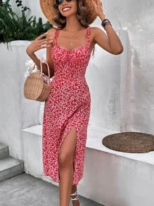 SHEIN Frenchy Ditsy Floral Print Tie Shoulder Split Thigh Cami Dress - Red - View 4