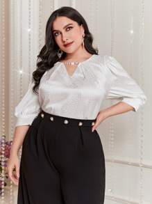 Modelyn Áo sơ mi Plus Size Nút Chuỗi Ngọc trai màu trơn Thanh lịch - trắng - Xem 4