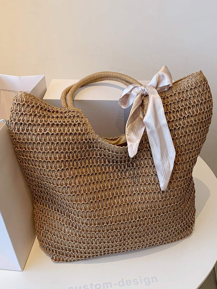 CONTAINEVERY Khăn Trang Trí Túi Rơm, Hoàn Hảo Cho Kỳ Nghỉ Du Lịch Bãi Biển Mùa Hè - Màu Khaki - Xem 1