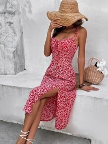 SHEIN Frenchy Ditsy Floral Print Tie Shoulder Split Thigh Cami Dress - Red - View 3