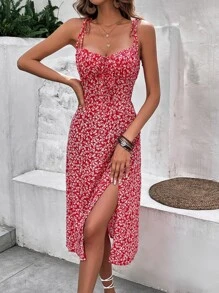 SHEIN Frenchy Ditsy Floral Print Tie Shoulder Split Thigh Cami Dress - Red - View 1