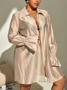 SHEIN Swim Curve Plus Size Solid Flounce Sleeve Kimono, For Summer Beach Vacation - Apricot - View 1