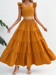 SHEIN VCAY 素色荷葉邊短款上衣和荷葉邊半身裙 - 芥末黃 - 查看 6