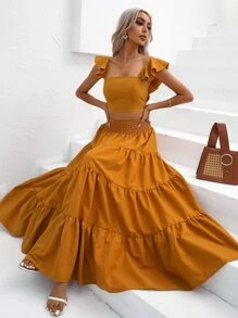 SHEIN VCAY 素色荷葉邊短款上衣和荷葉邊半身裙 - 芥末黃 - 查看 7