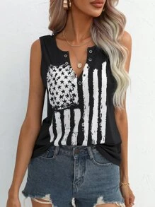 SHEIN LUNE Áo khoác và áo lót dành cho xe tăng nữ Thùa khuyết Lá cờ Giải trí - Đen và trắng - Xem 4