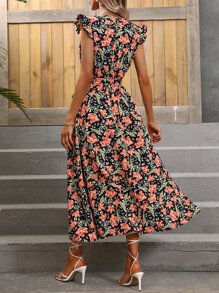 Breezaya Allover Floral Print Ruffle Trim Wrap Hem Belted Dress - Multicolor - View 2
