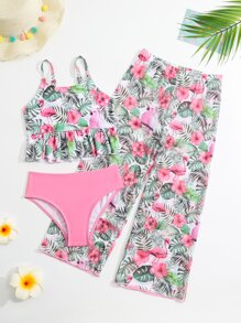 Young Girl Tropical Print Ruffle Hem Bikini Set With Cover Up Pants Summer Beach - Multicolor - View 1