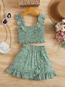 SHEIN 小女童碎花荷葉邊上衣和裙子