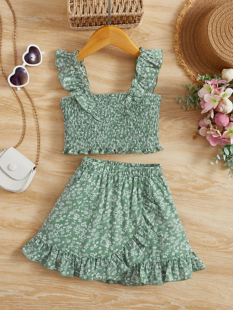 SHEIN 小女童碎花荷葉邊上衣和裙子