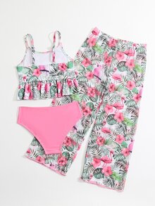 Young Girl Tropical Print Ruffle Hem Bikini Set With Cover Up Pants Summer Beach - Multicolor - View 2
