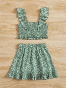 SHEIN 小女童碎花荷葉邊上衣和裙子