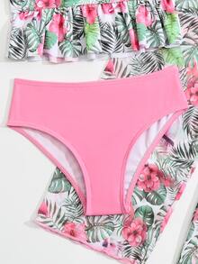 Young Girl Tropical Print Ruffle Hem Bikini Set With Cover Up Pants Summer Beach - Multicolor - View 3