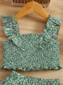 SHEIN 小女童碎花荷葉邊上衣和裙子