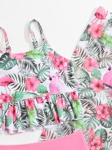 Young Girl Tropical Print Ruffle Hem Bikini Set With Cover Up Pants Summer Beach - Multicolor - View 4