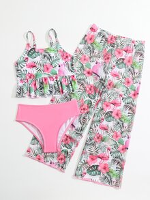 Young Girl Tropical Print Ruffle Hem Bikini Set With Cover Up Pants Summer Beach - Multicolor - View 5