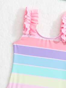 Baby Girl Block Striped Ruffle Trim One Piece Swimsuit With Headband - Multicolor - View 3
