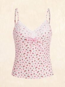 ROMWE Kawaii Camisetas y Tops de Tirantes de Mujer Lazo Encaje en contraste floral de margarita Bohemio - Rosa - Ver 1
